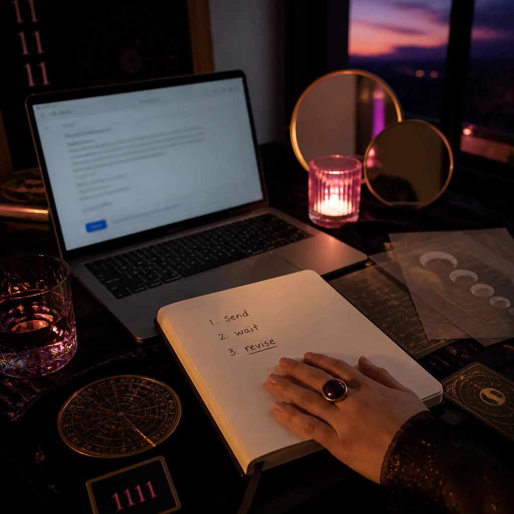 Notebook with send wait revise beside laptop