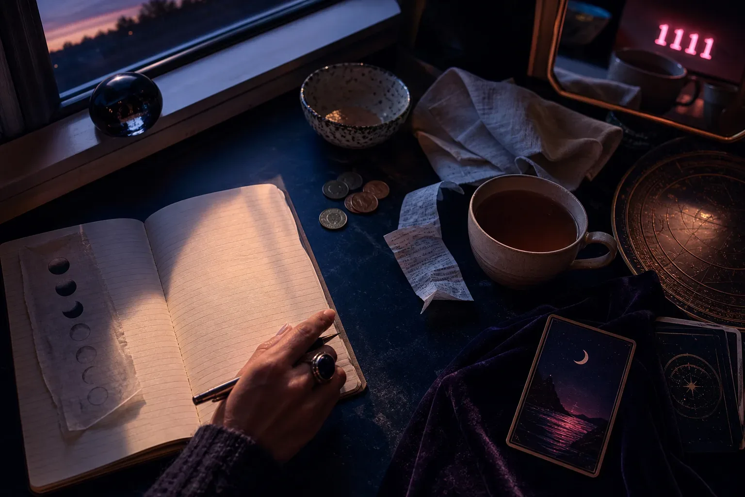 Bozuk paraların ve bir fincan çayın yanında açık defter