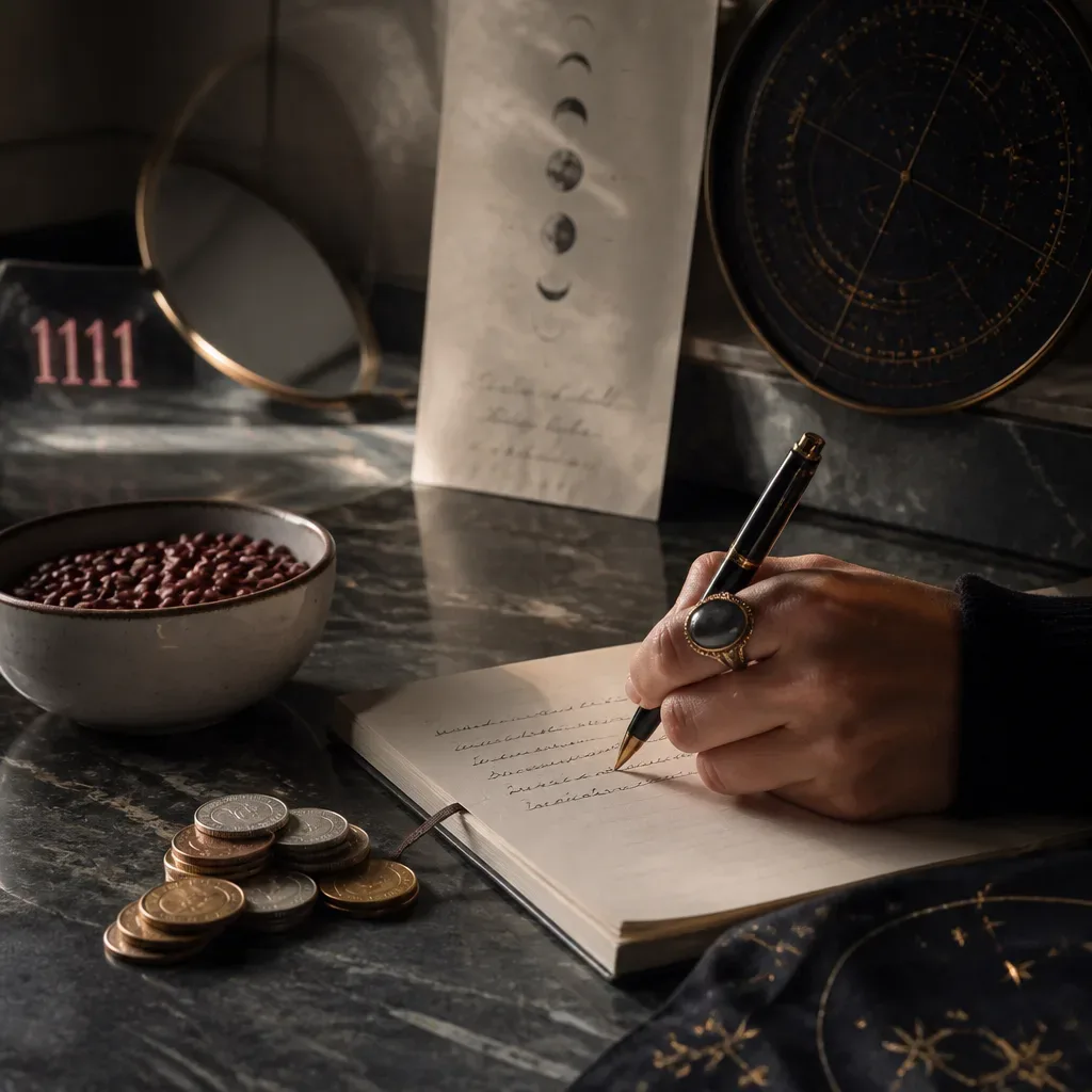 Hand writing affirmation beside coins and beans