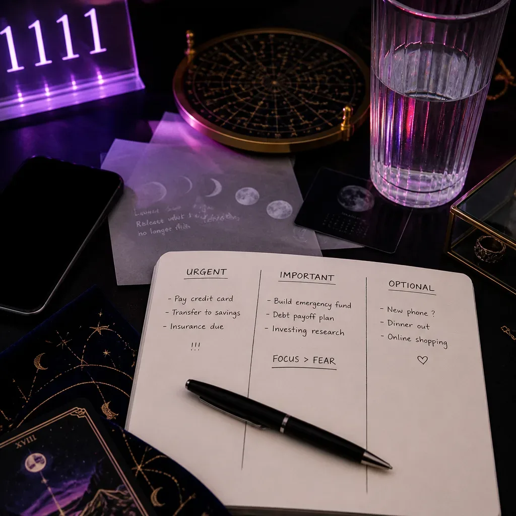 Notebook sorting money tasks after checking balance