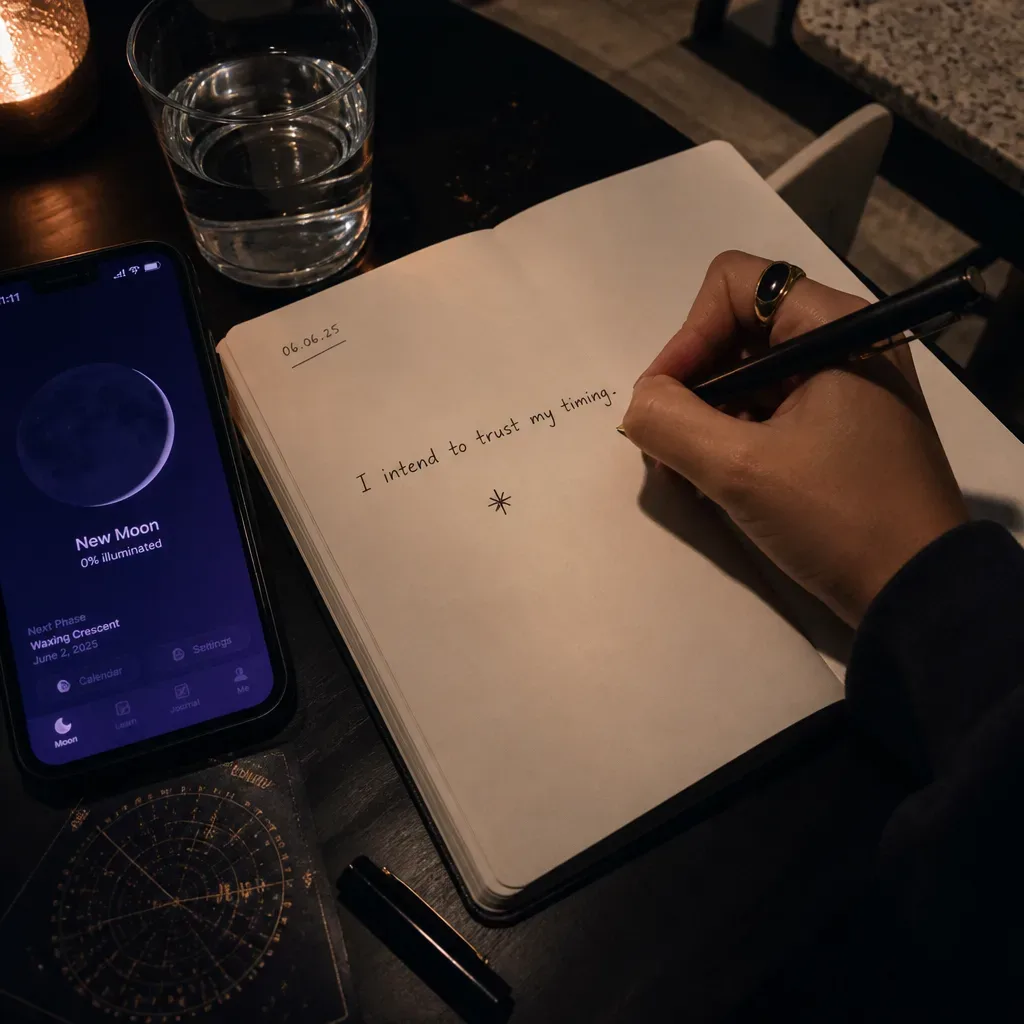 Hand writing a new moon intention