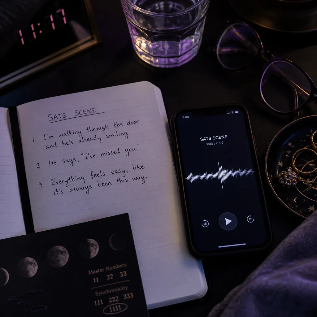 Notebook and three-minute audio beside a bed