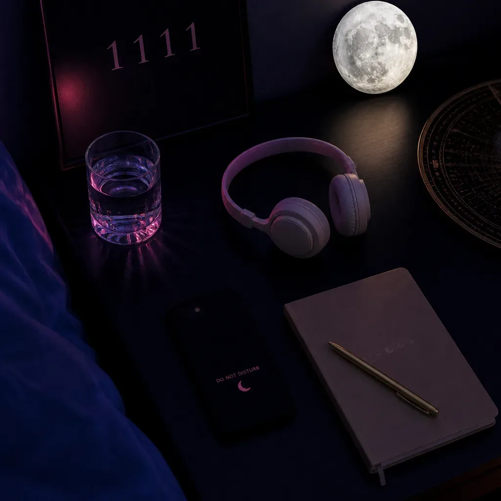 Closed notebook beside headphones and dim bedside light