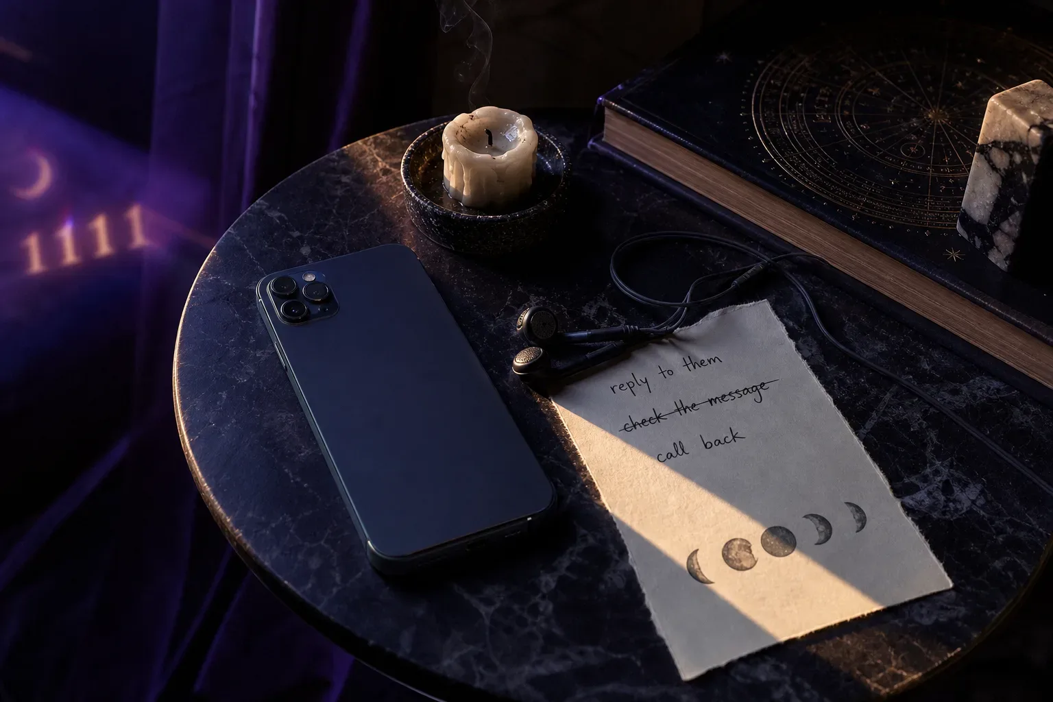 Phone face down beside headphones and candlelight