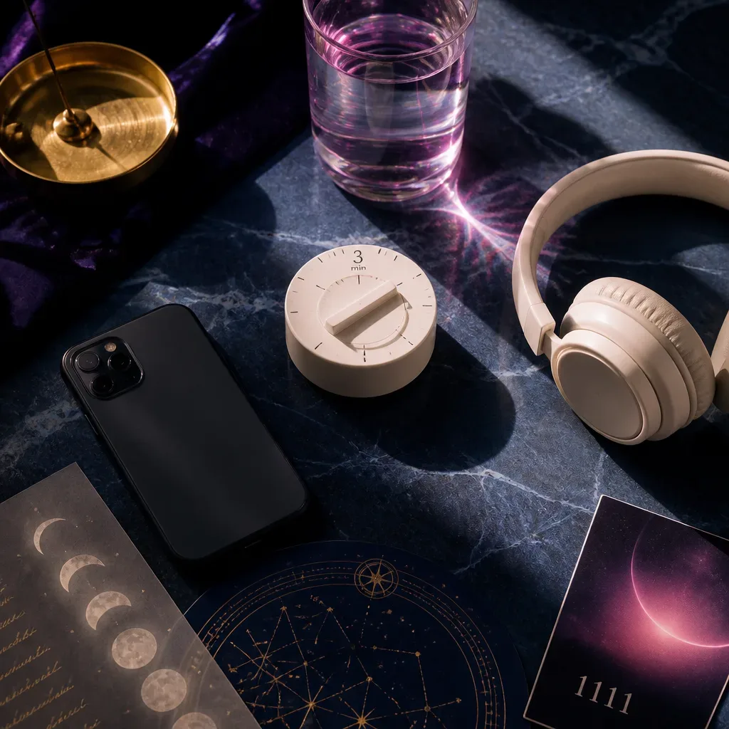 Phone, timer, water, and headphones for audio practice