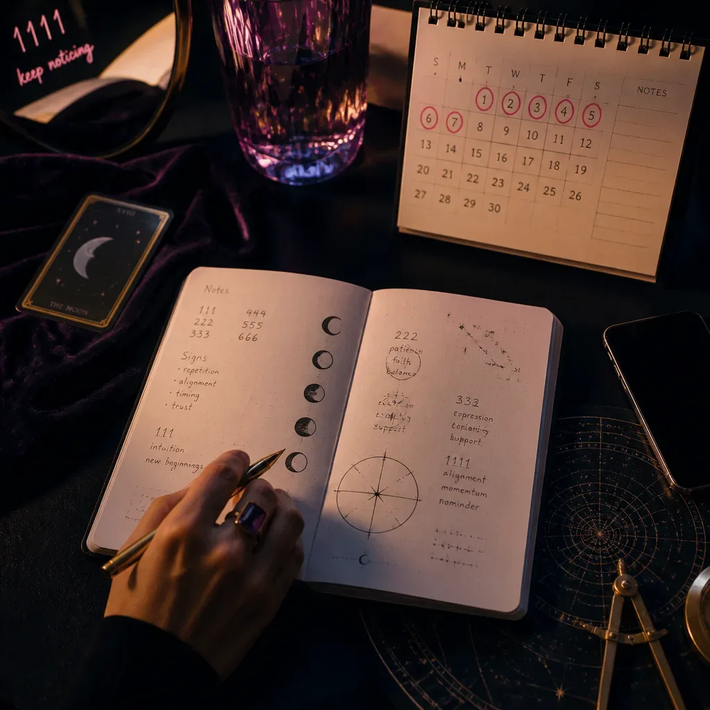 Notebook tracking signs beside a distant phone