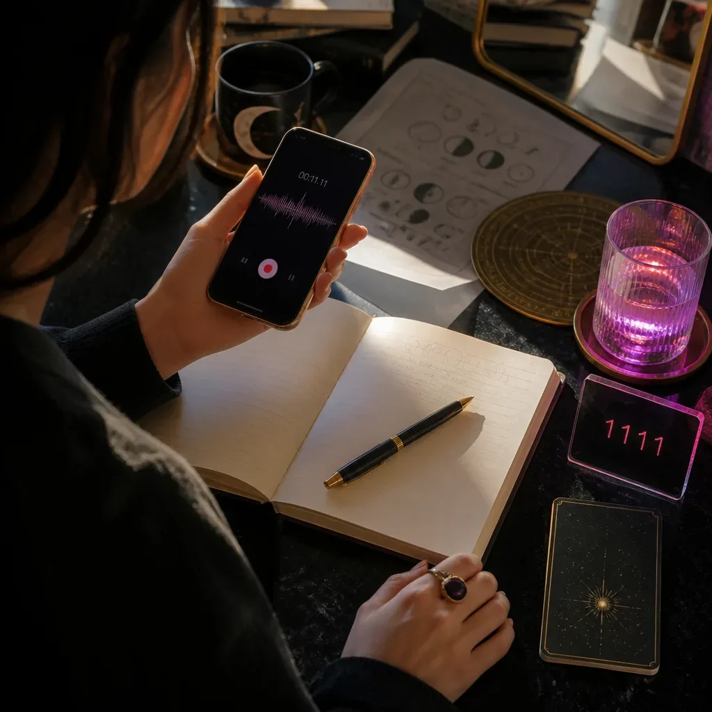 Person recording a quiet voice memo at a table