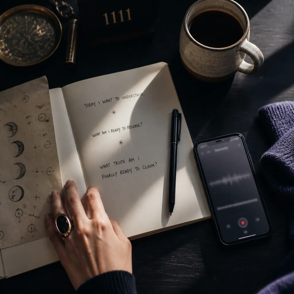 Notebook intake beside phone and morning coffee
