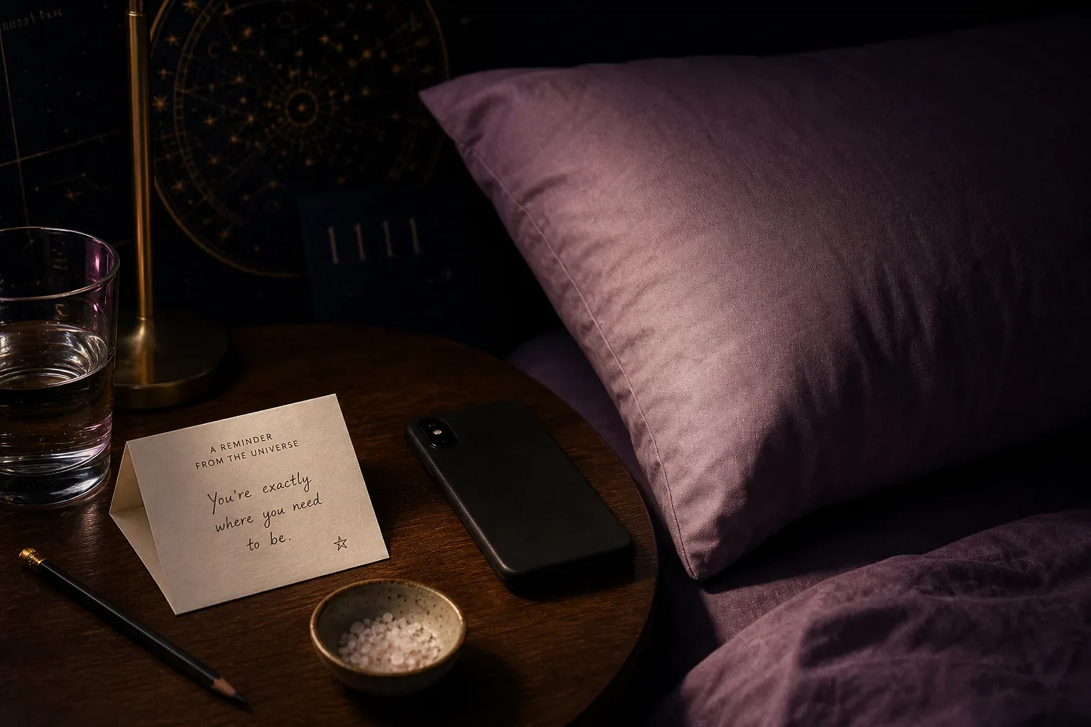 Notebook and phone beside a pillow at night
