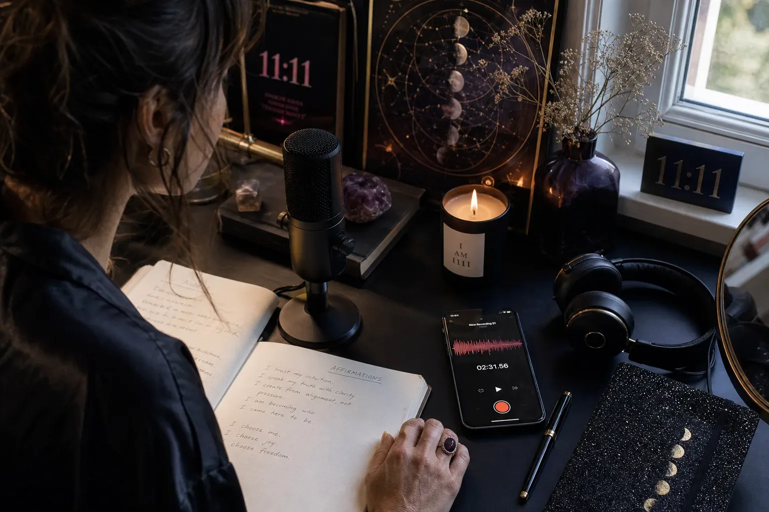 Woman recording affirmations beside a candlelit desk