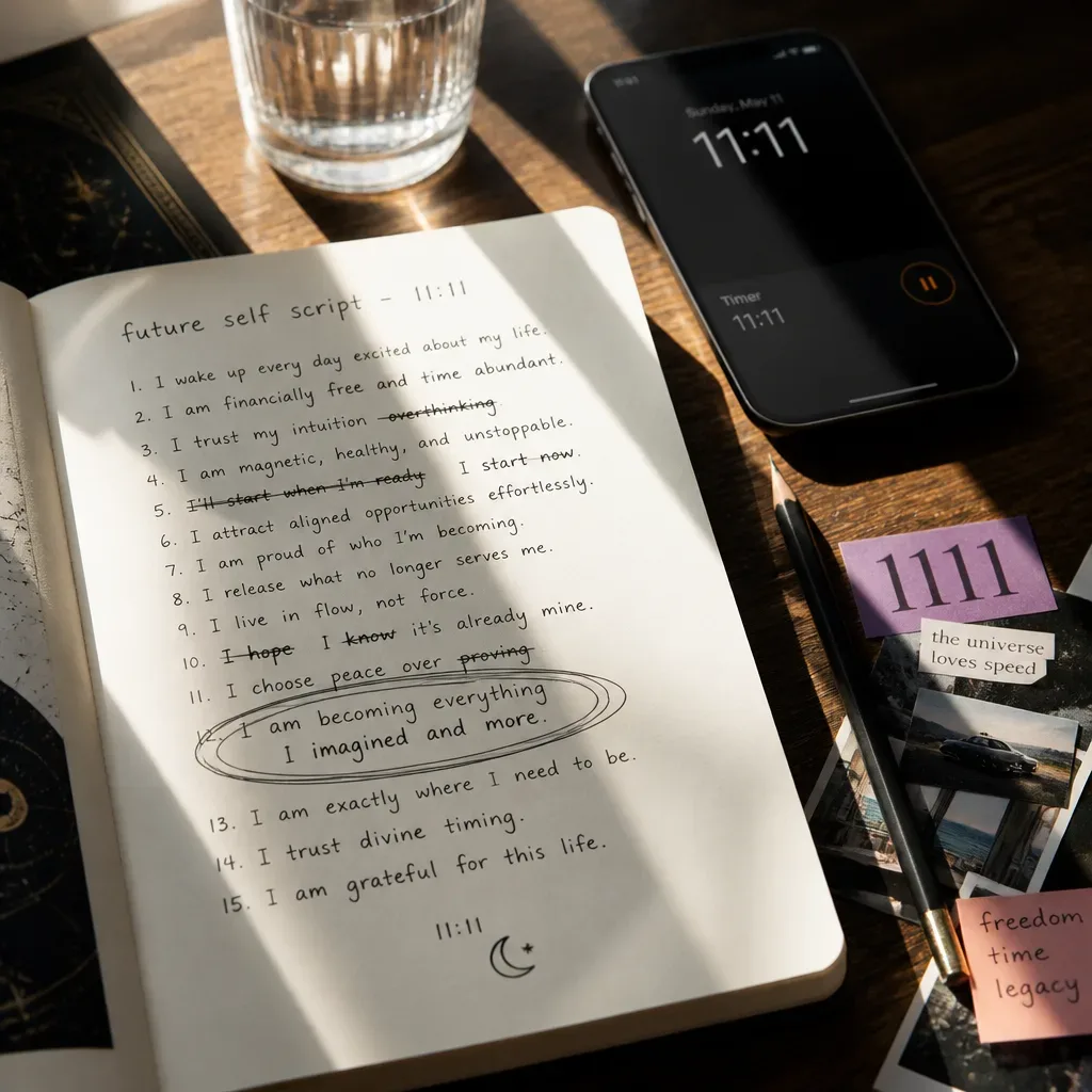 Handwritten future-self affirmation script beside 11:11 timer