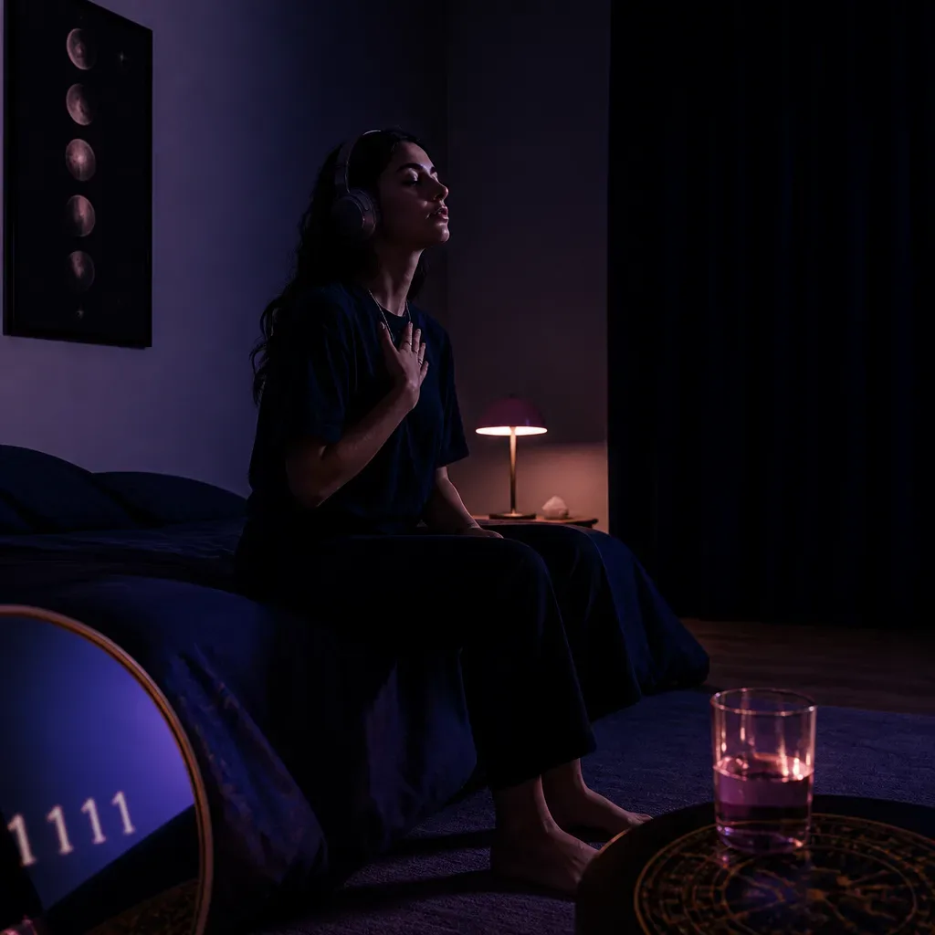 Person listening to calming audio at night