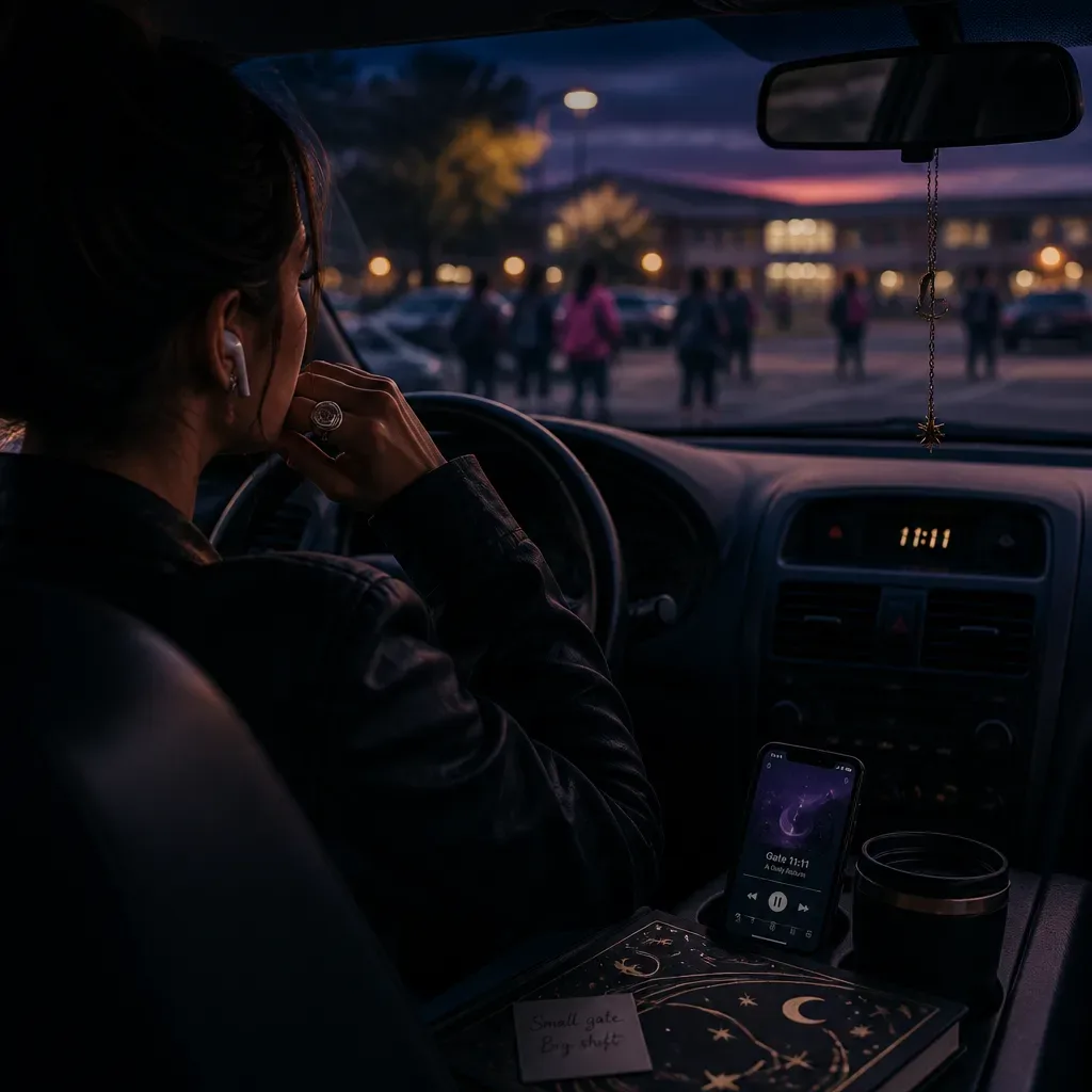 Person listening to future-self audio in parked car