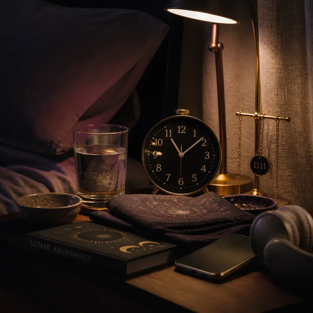Ritual de sono ao lado da cama com celular e água