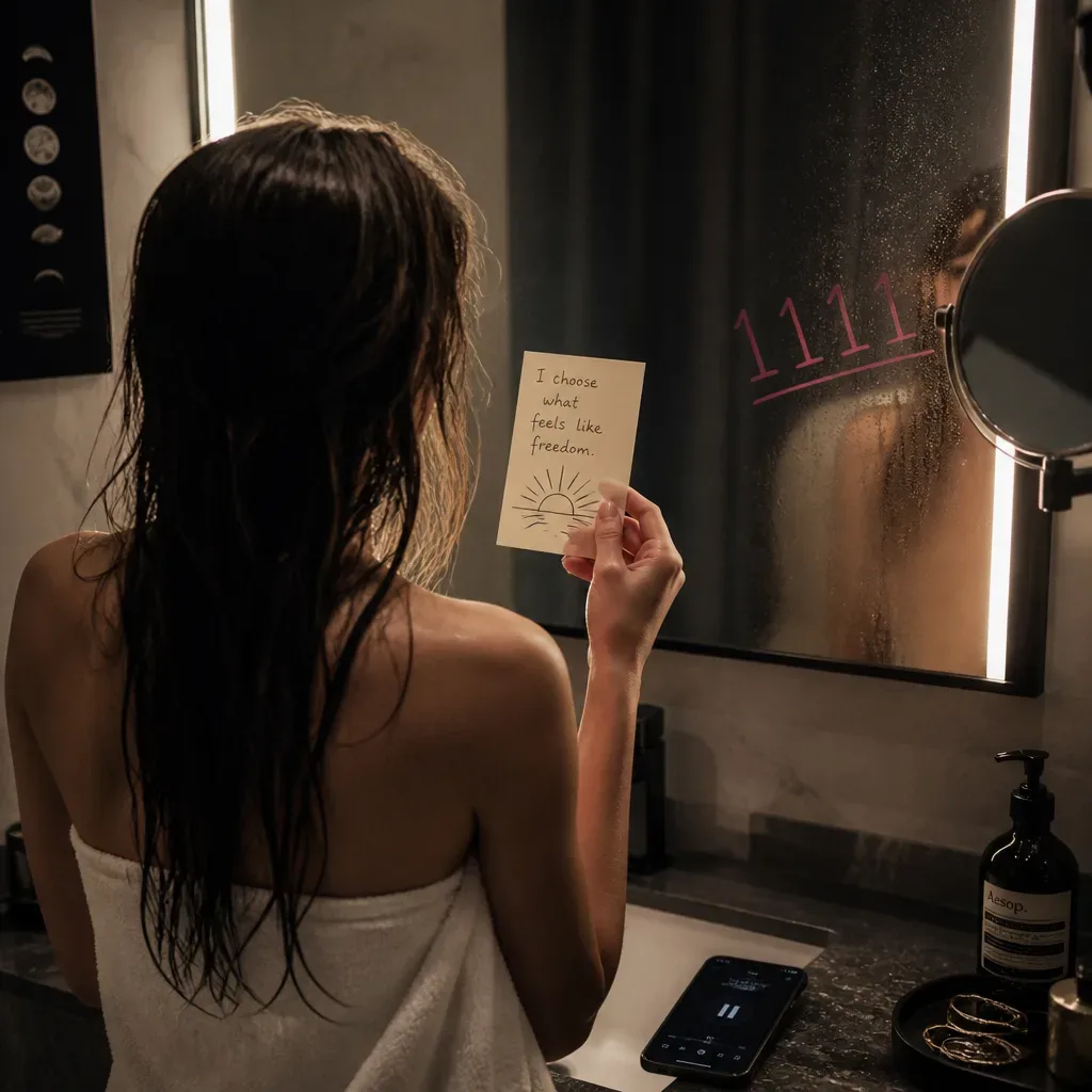 Freshly showered person reading one quiet affirmation