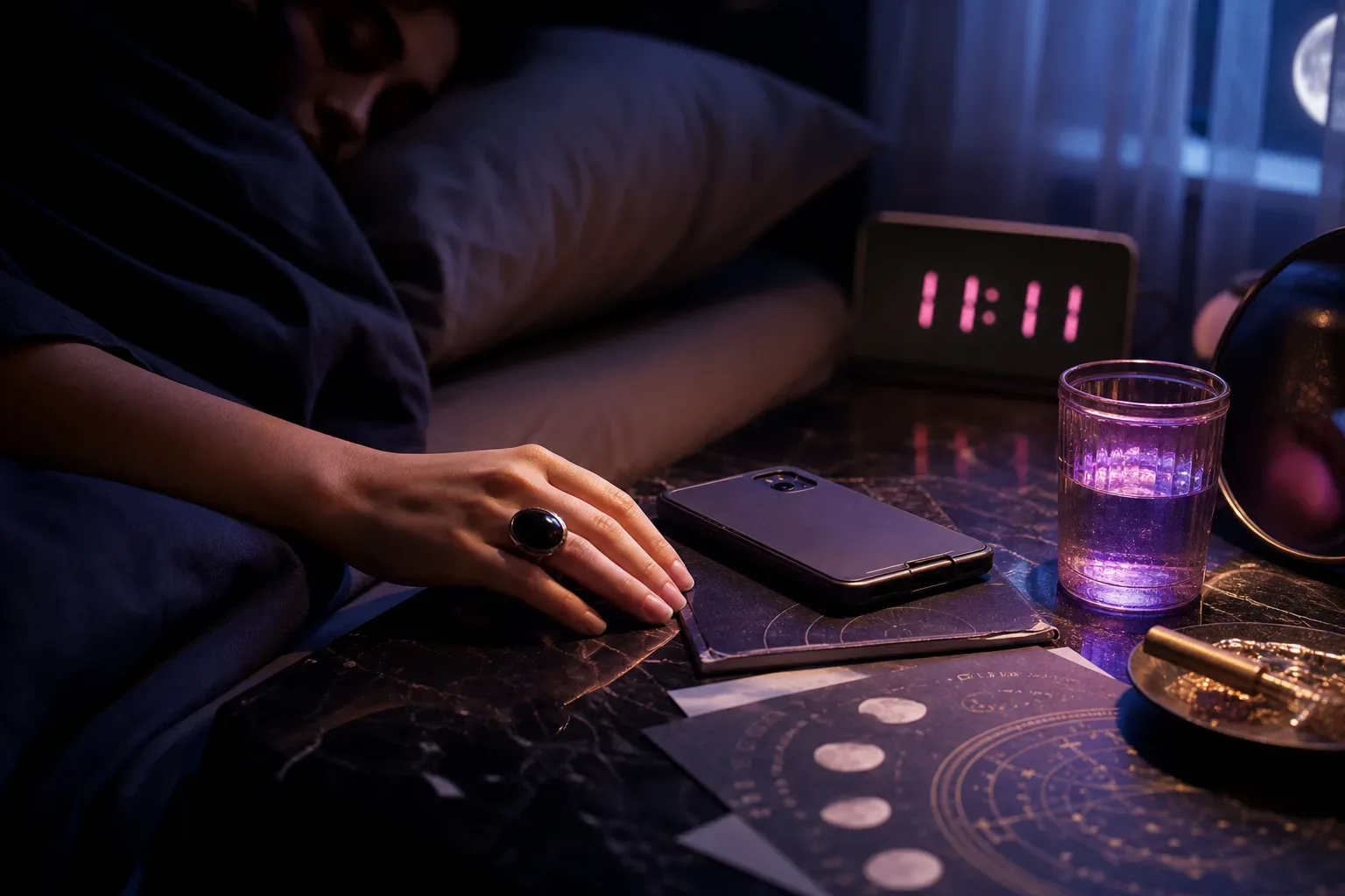 Person hört Audio neben einem mondhellen Bett