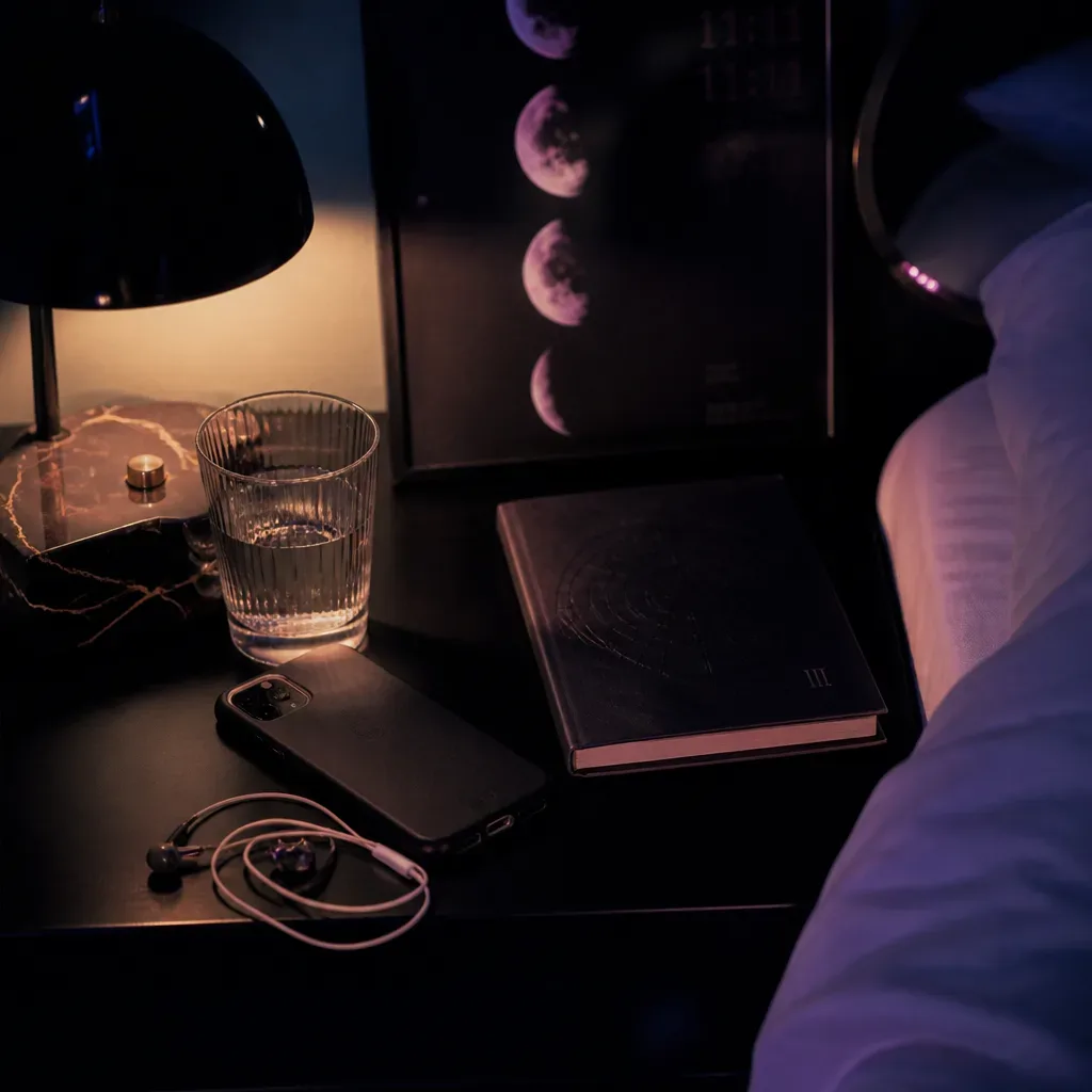 Preparação ao lado da cama para uma prática curta de áudio do sono