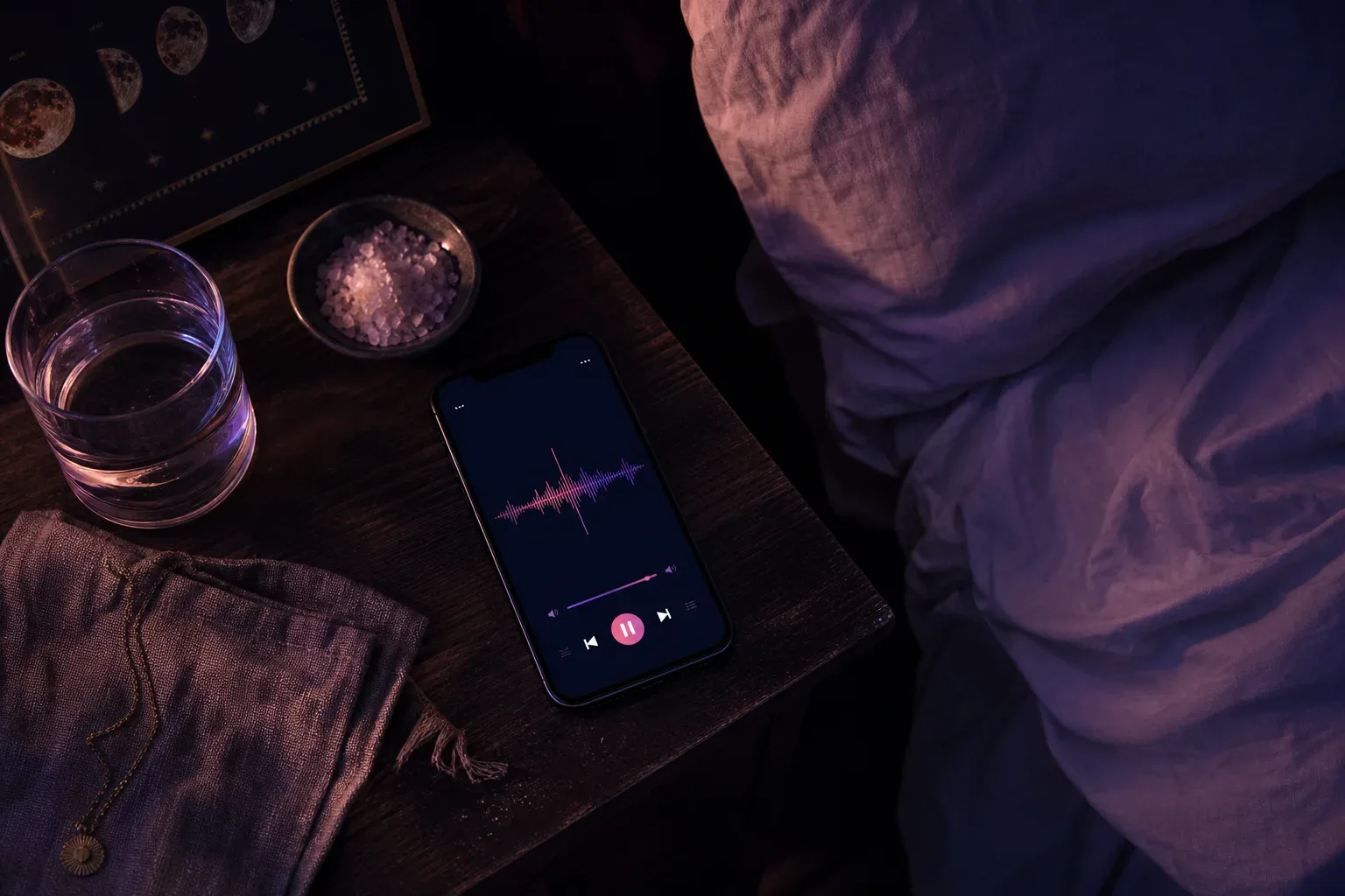 Celular ao lado da cama tocando áudio suave do eu futuro