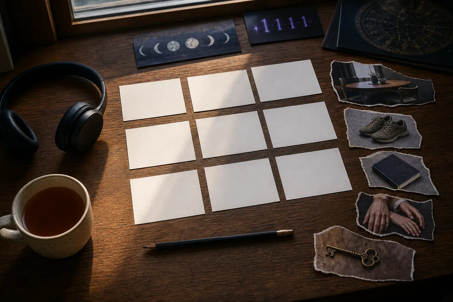 Quiet desk with vision board cards and headphones