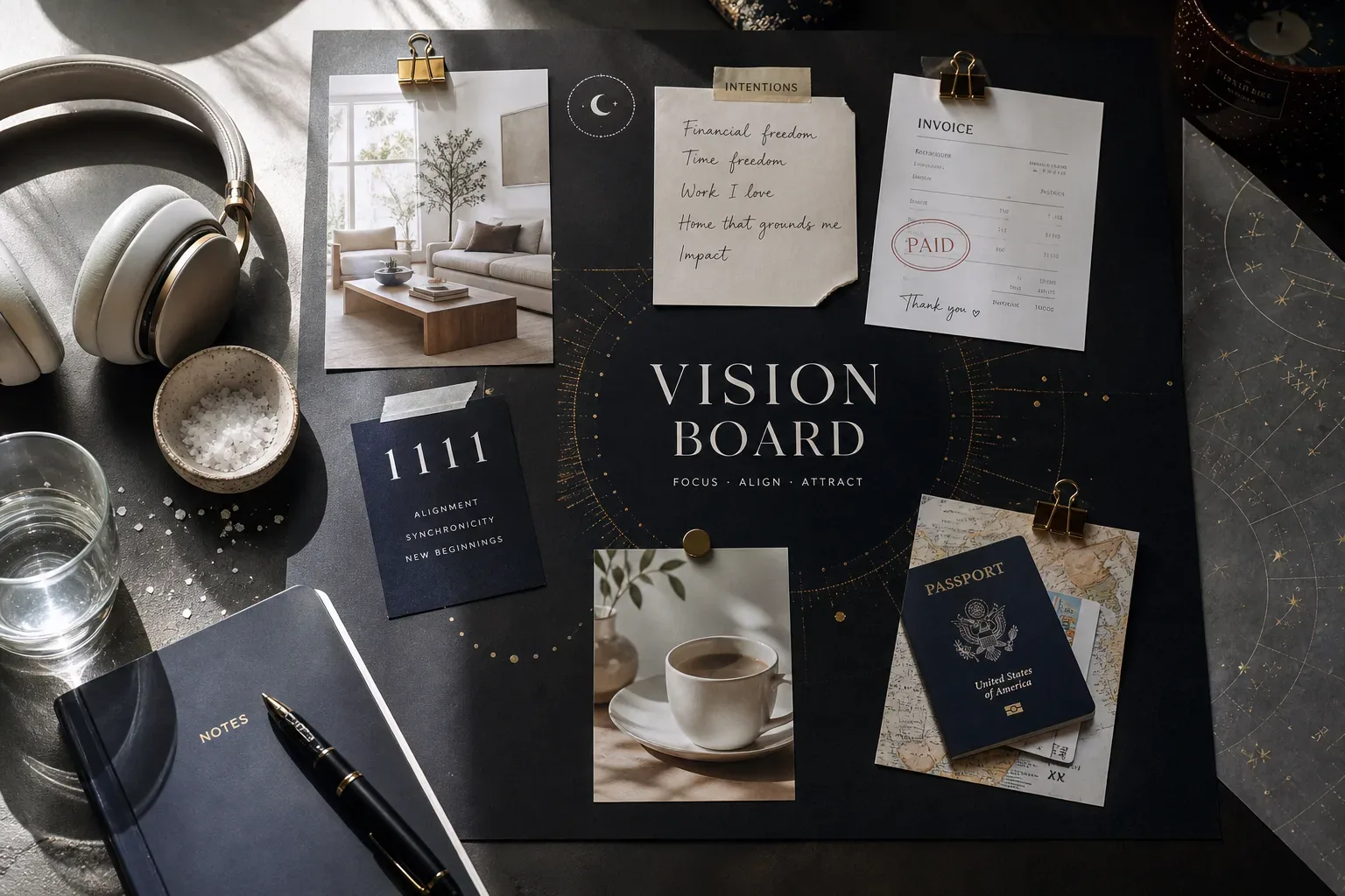 Vision board beside headphones and handwritten audio notes