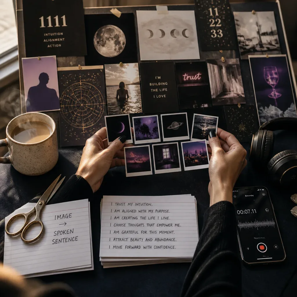 Hands turning vision board images into audio notes