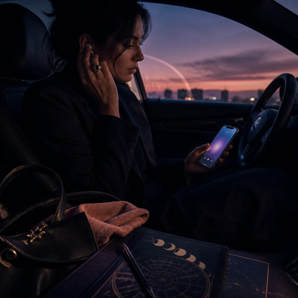 Woman listening to audio in a parked car