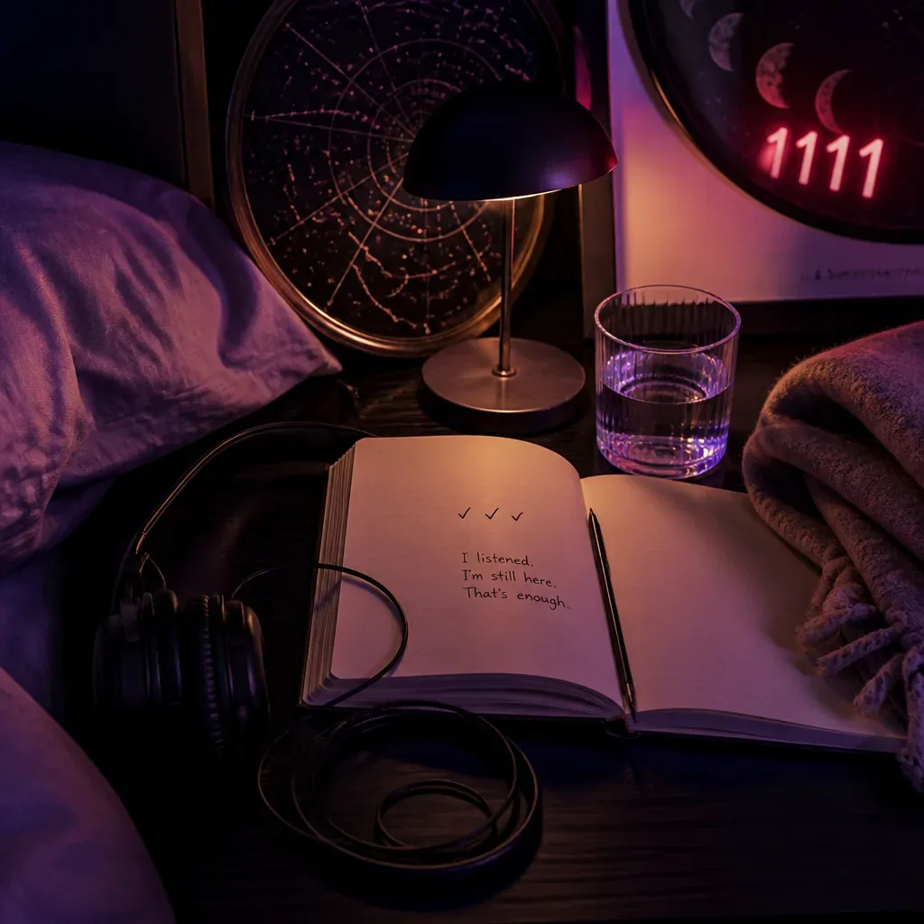 Notebook and headphones resting on a quiet bedside table