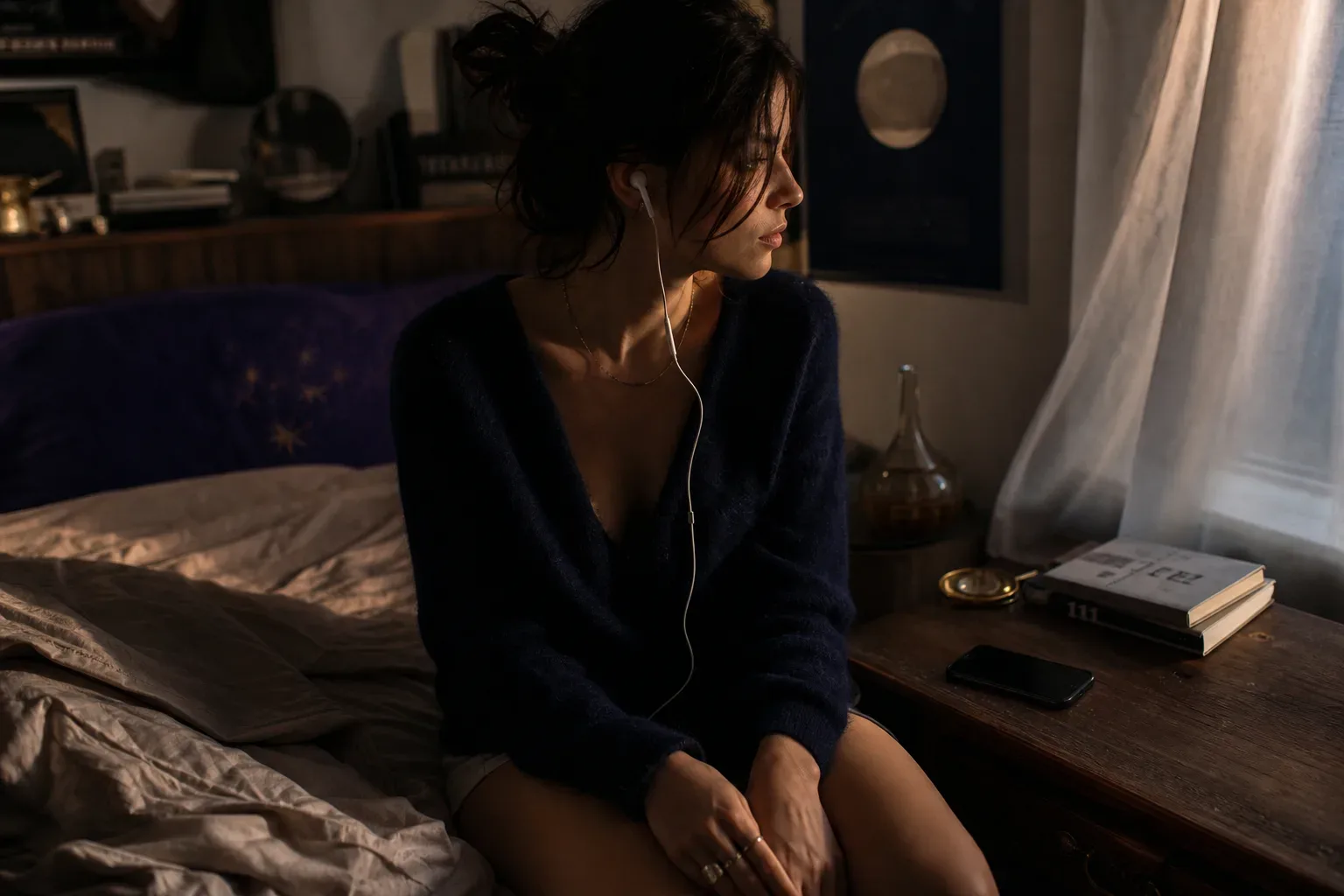 Mulher ouvindo em silêncio ao lado de uma janela de quarto com pouca luz